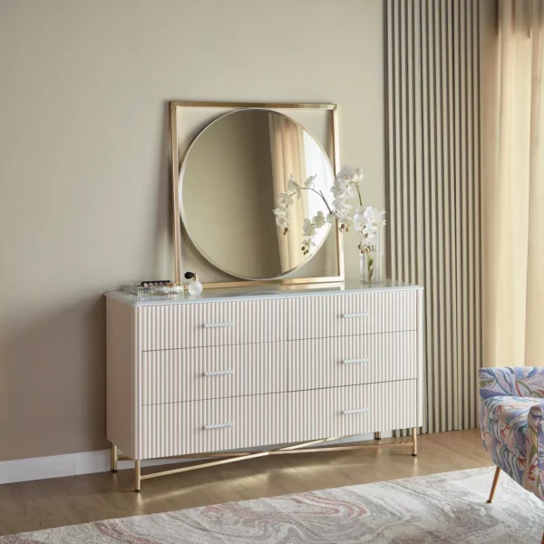 Aurora Fluted Drawer Dresser with Gold-Framed Mirror