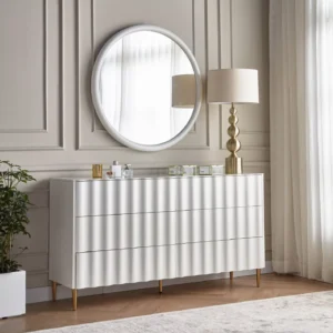 Luna Ripple-Front Dresser with Mirror – White & Gold