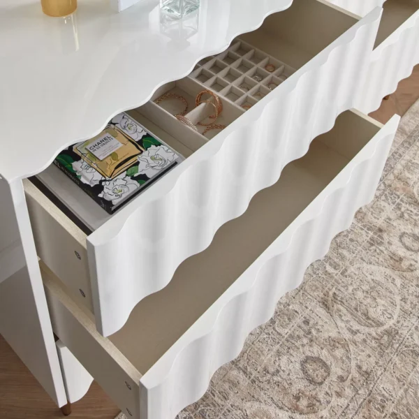 Luna Ripple-Front Dresser with Mirror – White & Gold