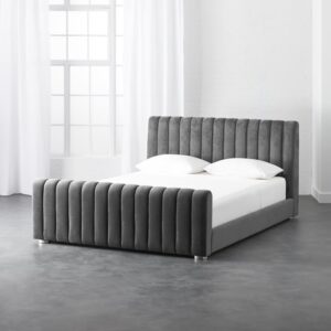 Modern Grey Velvet Channel-Tufted Bed Frame