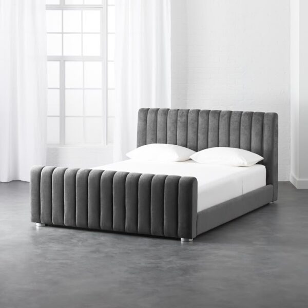 Modern Grey Velvet Channel-Tufted Bed Frame