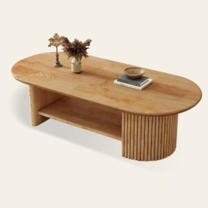 Natural Wood Oval Coffee Table with Open Shelf Storage
