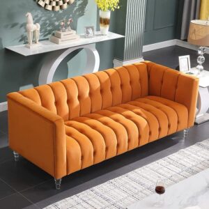 Aurora Luxe Orange Velvet Tufted Sofa with Acrylic Legs – 3-Seater