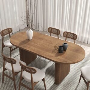 Extendable Japandi Dining Table with Oval Top and 6 Woven Back Chairs