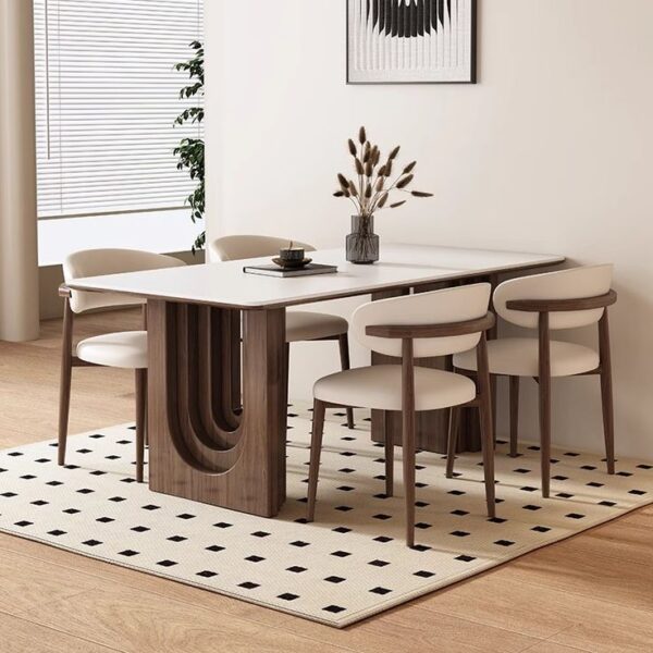 Luxury Modern Dining Table with 6 Cream Upholstered Chairs