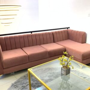 Elegant Pink Velvet L-Shaped Sofa with Channel Tufting