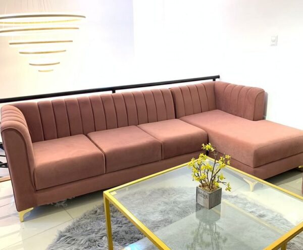 Elegant Pink Velvet L-Shaped Sofa with Channel Tufting