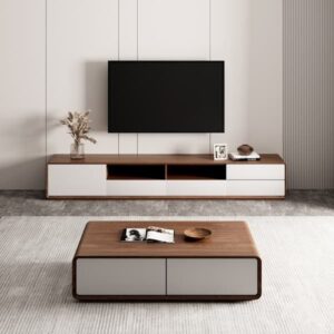 Lunara Modern Walnut & White TV Stand with Drawers and Open Shelves