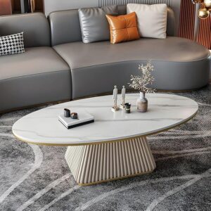 Oval Stone Coffee Table – Modern White Marble Finish