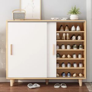 Sliding Door Shoe Cabinet – White & Oak Organizer