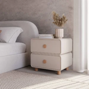 Beige CurveEdge Nightstand with Wooden Knobs