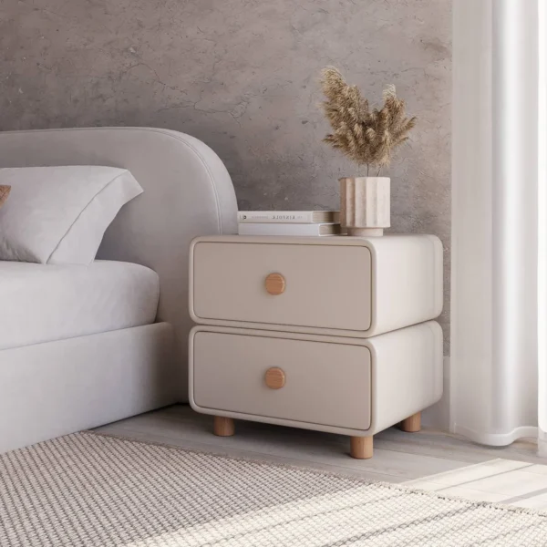 Beige CurveEdge Nightstand with Wooden Knobs