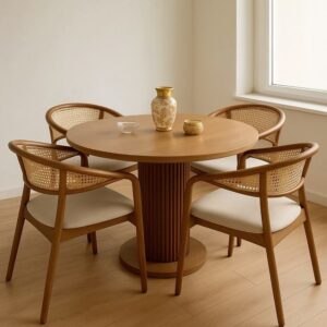 Round Wooden Dining Table Set with Woven Back Chairs – 4-Seater