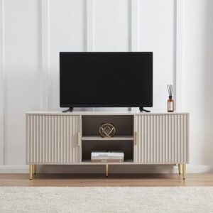 Hoor Furniture Luxe Beige Fluted TV Console with Gold Accents