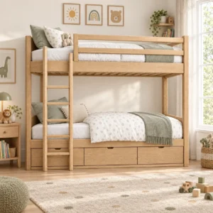 Natural wood-look bunk bed with an integrated ladder, upper guardrail, and storage drawers beneath the lower bed.