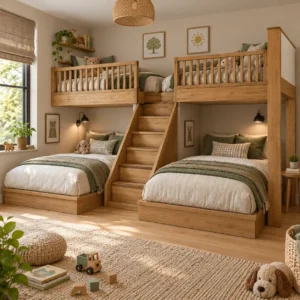 Wooden Bunk Bed with Staircase and Guardrails
